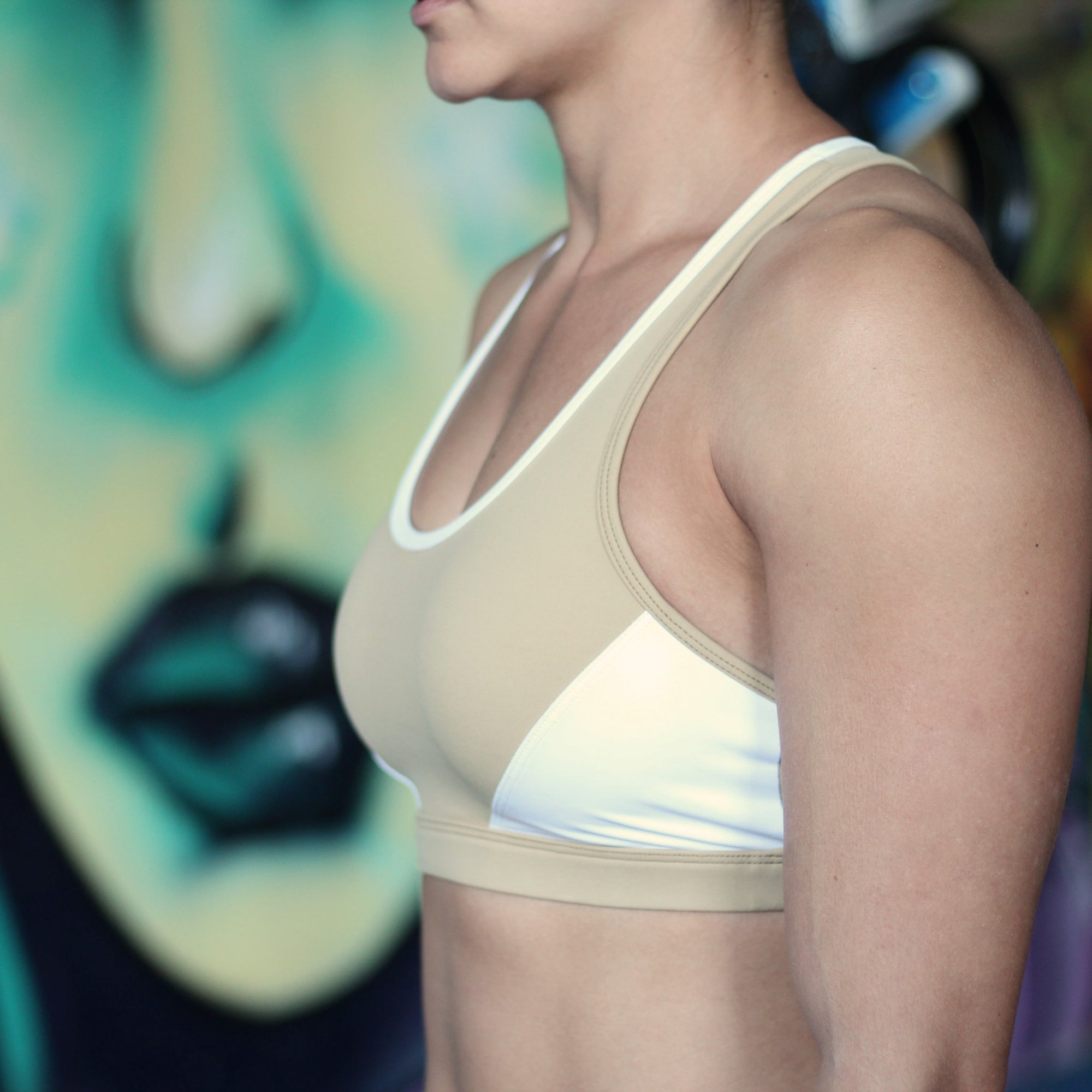 Rhea sports crop two tone tan and white front