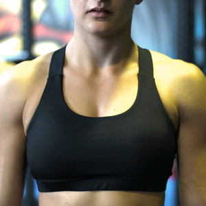 Stealth black sports bra front