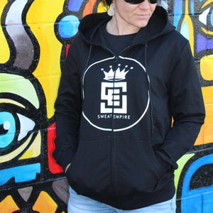 Black Zip front hoodie with White embossed logo