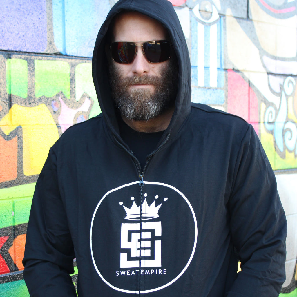 Black Zip front hoodie with White embossed logo