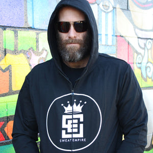 Black spartan hoodie close up